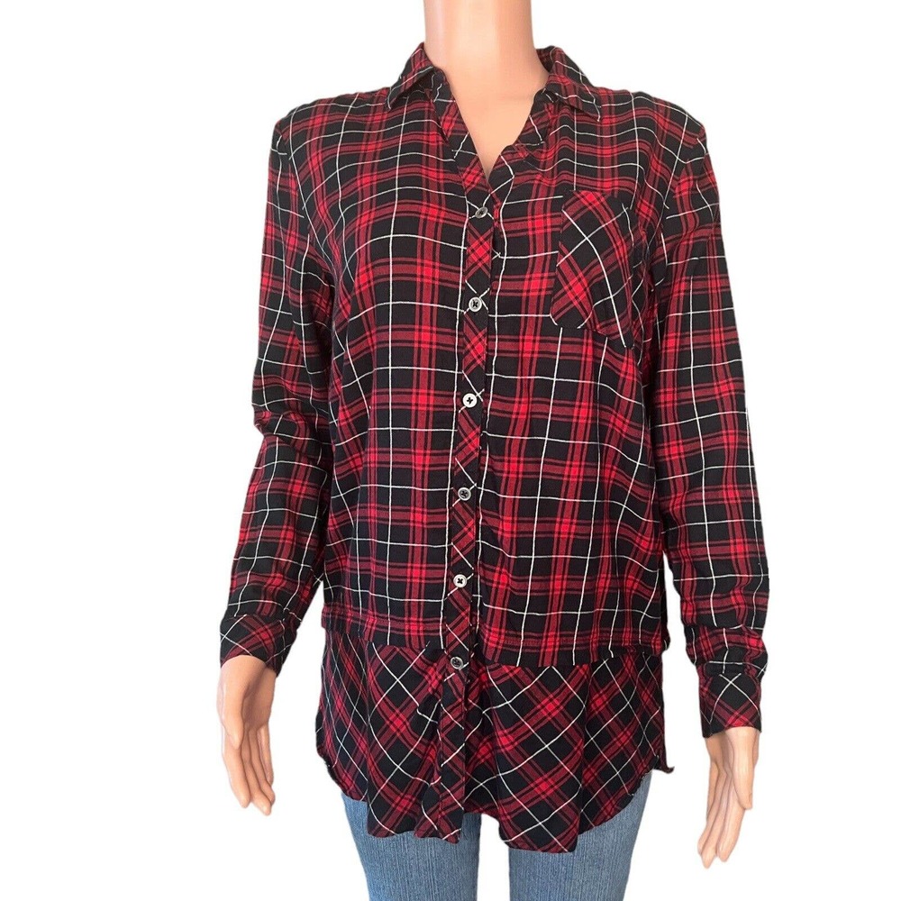 J Jill Shirt Womens Small Red Multicolor Plaid Button Up Tunic Drop Waist Pocket